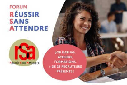 affiche du forum réussir sans attendre. Une jeune femme souriante serre une main. - Agrandir l'image, fenêtre modale