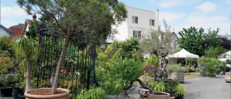 Des pots avec des arbustres devant les serres municipales.