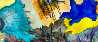 détail de l'affiche de l'exposiiton "imaginaire" de la Pepinière des arts. Des éléments abstraits de couleurs bleu, jaune et autres y sont peints.