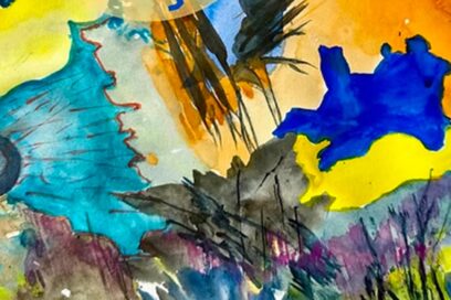 détail de l'affiche de l'exposiiton "imaginaire" de la Pepinière des arts. Des éléments abstraits de couleurs bleu, jaune et autres y sont peints. - Agrandir l'image, fenêtre modale