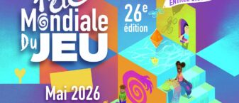 illustration coloré pour la 26e edition de la fête du jeu en mai 2026. Des enfants s'musent sur des escaliers géants, chaque marche représente un jeu de société.