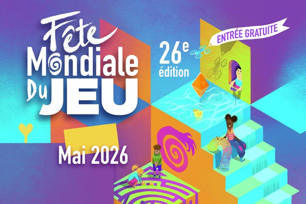 illustration coloré pour la 26e edition de la fête du jeu en mai 2026. Des enfants s'musent sur des escaliers géants, chaque marche représente un jeu de société.