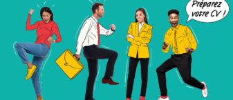 Illustration de quatre jeunes adultes sur fond coloré, dans des poses dynamiques et confiantes, habillés de manière professionnelle et décontractée ; une bulle de texte indique « Préparez votre CV ! », évoquant un événement ou un forum dédié à l’emploi.