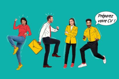 Illustration de quatre jeunes adultes sur fond coloré, dans des poses dynamiques et confiantes, habillés de manière professionnelle et décontractée ; une bulle de texte indique « Préparez votre CV ! », évoquant un événement ou un forum dédié à l’emploi. - Agrandir l'image, fenêtre modale