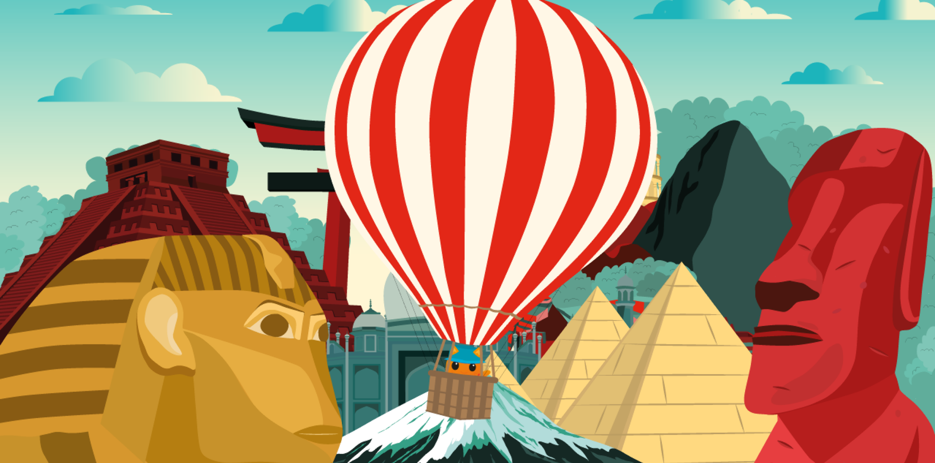 Illustration colorée représentant plusieurs monuments emblématiques du monde : un sphinx égyptien, des pyramides, un torii japonais, le Machu Picchu et une statue de l’île de Pâques. Au centre, une montgolfière rouge et blanche survole un paysage montagneux avec un petit chat orange dans la nacelle.