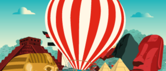 Illustration colorée représentant plusieurs monuments emblématiques du monde : un sphinx égyptien, des pyramides, un torii japonais, le Machu Picchu et une statue de l’île de Pâques. Au centre, une montgolfière rouge et blanche survole un paysage montagneux avec un petit chat orange dans la nacelle.