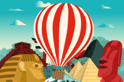 Illustration colorée représentant plusieurs monuments emblématiques du monde : un sphinx égyptien, des pyramides, un torii japonais, le Machu Picchu et une statue de l’île de Pâques. Au centre, une montgolfière rouge et blanche survole un paysage montagneux avec un petit chat orange dans la nacelle. - Agrandir l'image, fenêtre modale