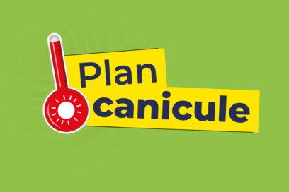 Illustration du Plan canicule – niveau 1. Un thermomètre rouge accompagne le titre “Plan canicule” sur fond vert, symbolisant la veille saisonnière et la surveillance des conditions météorologiques. - Agrandir l'image, fenêtre modale