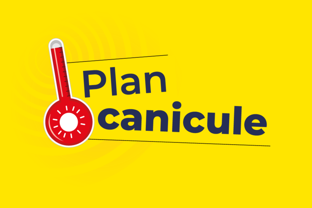 Illustration du Plan canicule – niveau 2. Un thermomètre rouge et le titre “Plan canicule” apparaissent sur fond jaune, indiquant une vigilance renforcée face à un épisode de chaleur.