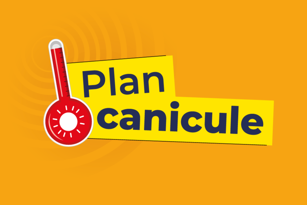 Illustration du Plan canicule – niveau 3. Le titre “Plan canicule” et un thermomètre rouge sont présentés sur fond orange, signalant une situation de canicule nécessitant l'application de mesures de protection.