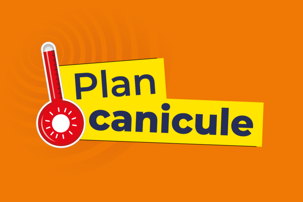 Illustration du Plan canicule – niveau 4. Un thermomètre rouge accompagne le titre “Plan canicule” sur fond orange foncé, représentant une situation de chaleur exceptionnelle nécessitant une mobilisation maximale.