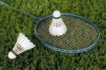 une raquette de badminton avec deux volants posés sur de l'herbe - Agrandir l'image, fenêtre modale