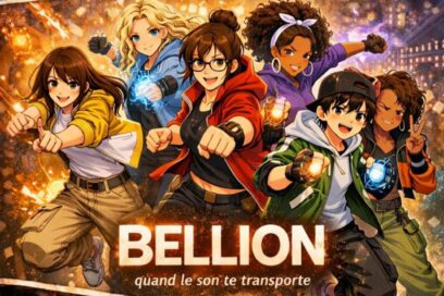 Illustration de style manga représentant cinq adolescents aux origines diverses, en posture de héros et portant des bracelets lumineux. Le titre « BELLION » apparaît en grand au premier plan, accompagné du slogan « quand le son te transporte », sur un fond de ville illuminée et d'effets de lumière orangés. - Agrandir l'image, fenêtre modale