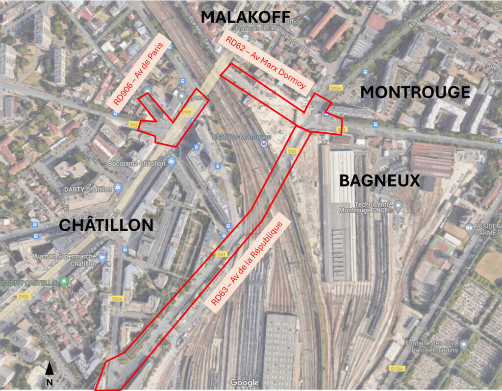 Carte aérienne du secteur du pôle gare Châtillon–Montrouge, à la jonction des communes de Châtillon, Montrouge, Malakoff et Bagneux. Des tracés rouges délimitent les emprises de travaux le long de plusieurs axes routiers : l’avenue de Paris (RD906), l’avenue Max-Dormoy (RD62) et l’avenue de la République (RD63). Le plan met en évidence la localisation des zones concernées autour de la gare, des infrastructures ferroviaires et des voies de circulation avoisinantes. - Agrandir l'image, fenêtre modale