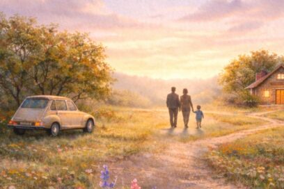 Une famille composée de deux adultes et d’un enfant marche main dans la main dans un pré fleuri au coucher du soleil. À gauche, une petite voiture ancienne est stationnée près d’arbres. À droite, une maison de campagne éclairée se dresse au bord d’un chemin de terre. La scène, aux teintes chaudes et douces, évoque un moment paisible et familial en milieu rural. - Agrandir l'image, fenêtre modale