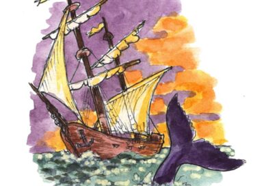 Affiche annonçant un concert de musique celtique par l’ensemble vocal et instrumental Pesked Imbri, le dimanche 5 juillet 2026 à 16 h à l’église Saint-Philippe-et-Saint-Jacques de Châtillon. L’illustration centrale représente un voilier ancien naviguant sur la mer au coucher du soleil, avec une queue de baleine émergeant de l’eau au premier plan. Les couleurs dominantes sont le violet, l’orange et le jaune, dans un style aquarelle. L’entrée est libre et une quête est organisée au profit de la rénovation de l’église Notre-Dame du Calvaire de Châtillon. - Agrandir l'image, fenêtre modale