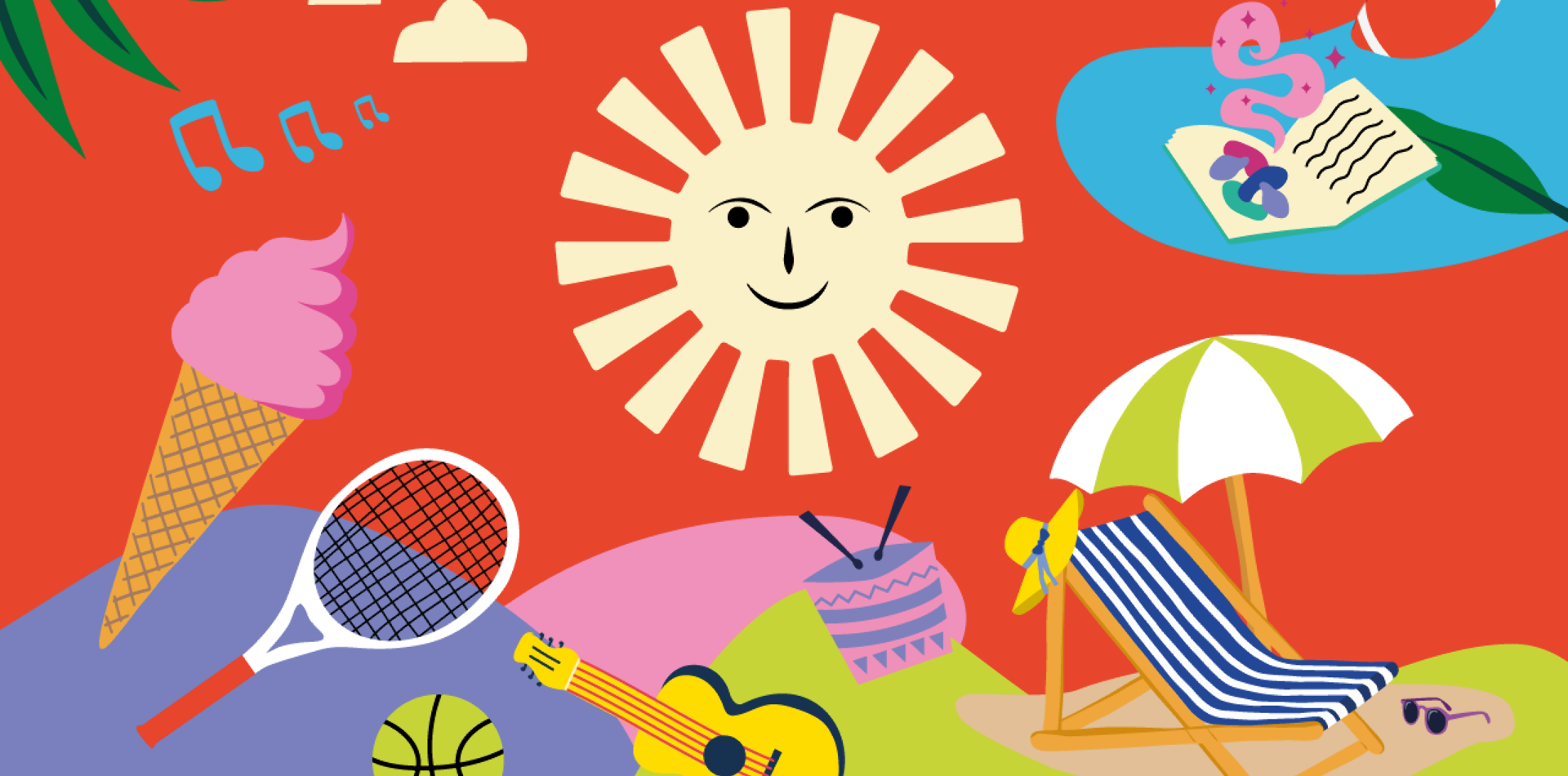 Visuel festiv'été 2026 avec un soleil, des parasols, glaces, objets