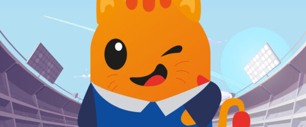 Illustration de Tillon, la mascotte de Châtillon, portant un maillot bleu de l’équipe de France dans un stade de football.
