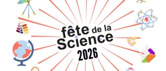 Affiche de la Fête de la science 2026 avec le titre au centre, entouré d'illustrations représentant différents domaines scientifiques : atome, microscope, globe terrestre, télescope, radiographie, éprouvettes, molécules, pilules, roue dentée et symbole de la radioactivité.