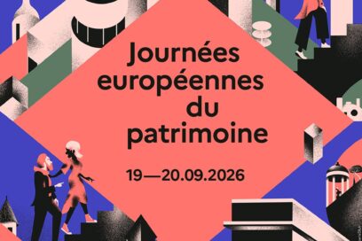Détail de l'affiche des journées européennes du patrimoine 2026. Elle est rose avec des architectures. - Agrandir l'image, fenêtre modale