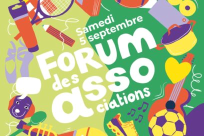 détail de l'affiche du forum des associations 2026. autour, ballon de foot, raquette, couture, pour représenter les différentes activités. - Agrandir l'image, fenêtre modale
