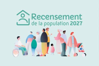 vignette illustrative pour le recensement de la population 2027. Des personnages sont en bas, sous le titre qui reprend les mots plus haut. - Agrandir l'image, fenêtre modale