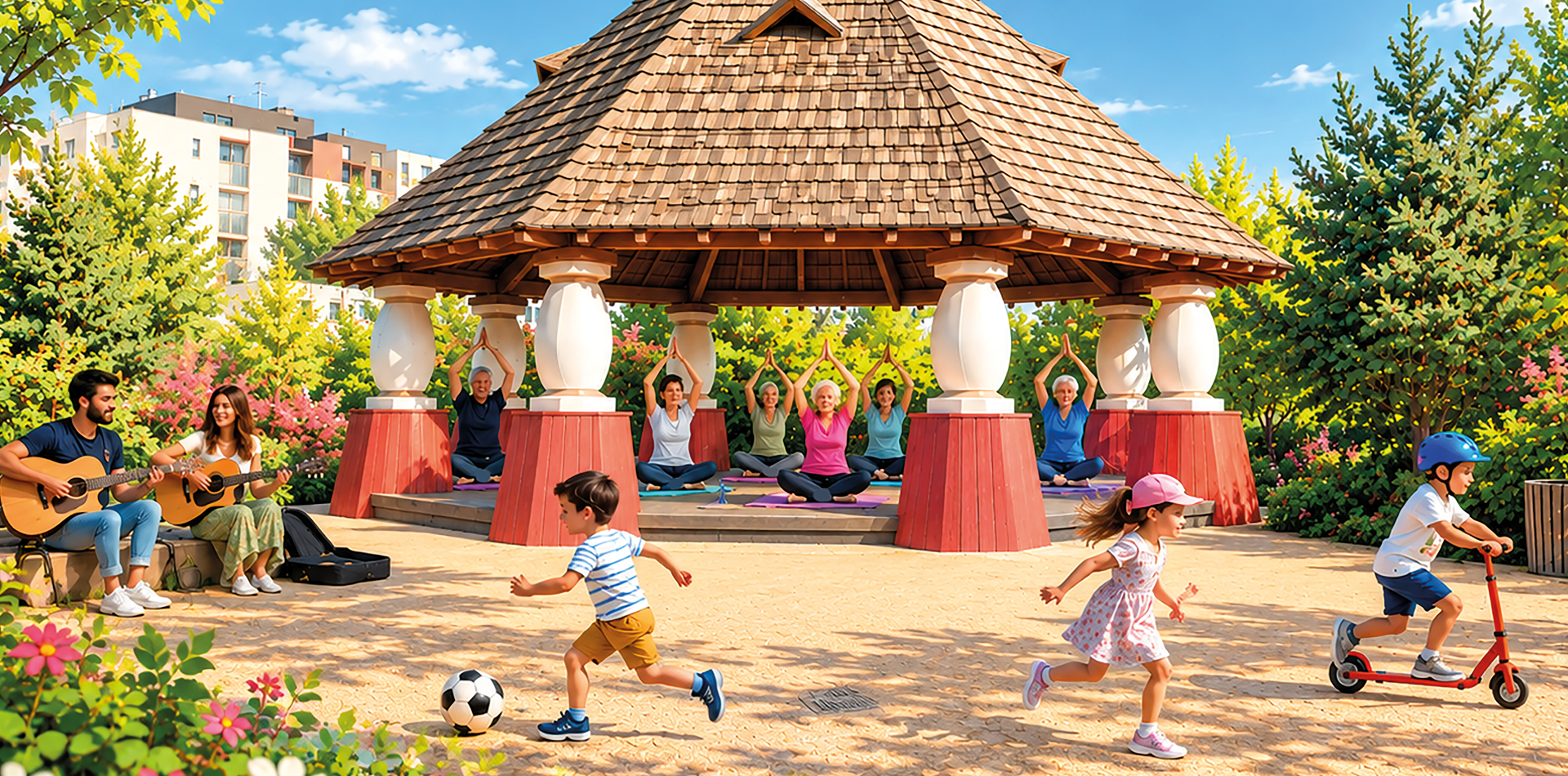 Illustration d’un parc verdoyant et fleuri, où des enfants jouent au ballon et à la trottinette, deux personnes jouent de la guitare et un groupe de seniors pratique le yoga sous un kiosque en bois.