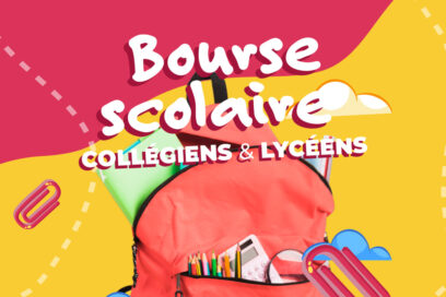 Visuel de campagne de bourse scolaire pour les collégiens et les lycéens avec un sac à dos comprenant des stylos et des crayons. - Agrandir l'image, fenêtre modale