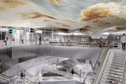 Visuel de présentation de la future gare Châtillon-Montrouge avec des nuages sur le plafond. - Agrandir l'image, fenêtre modale