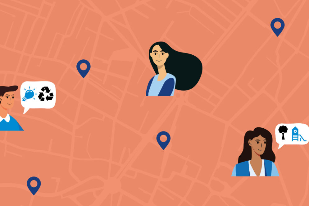 Visuel de la campagne de communication pour les candidatures aux conseils de quartier. Un fond avec les rues de la ville et des personnages parlant des différents problématiques.