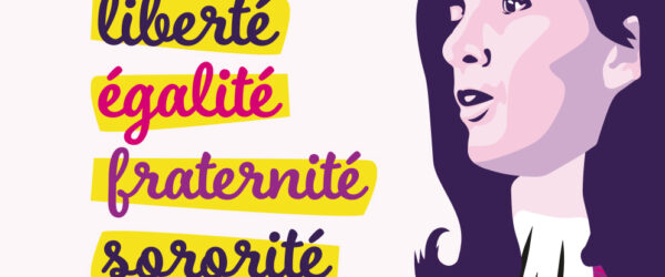 Portrait de Gisèle Halimi avec les mots : Liberté, égalité, fraternité et sororité.