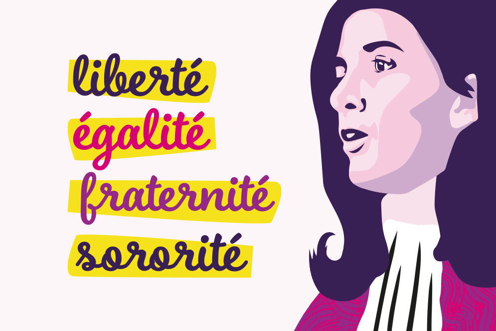 Portrait de Gisèle Halimi avec les mots : Liberté, égalité, fraternité et sororité.