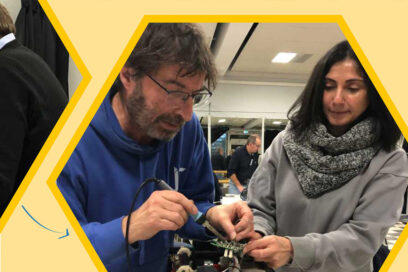 Capture d'écran de la publication du journal "Femme actuelle" de l'article sur le Repair'Café de Châtillon. La photo montre un homme réparant un objet avec avec à sa droite une femme pour l'aider. - Agrandir l'image, fenêtre modale