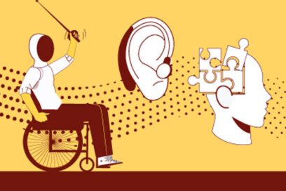 dessins d'une personne en fauteuil faisant de l'escrime, d'une oreille et d'un cerveau avec des puzzle - Agrandir l'image, fenêtre modale