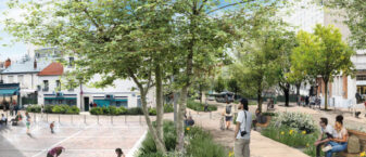 Plan d'architecture du projet de la rue Gabriel Péri avec des arbres pour végétaliser la place du marché Coeur de Ville.