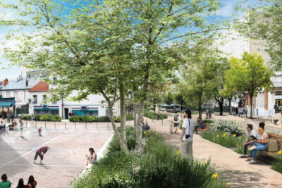 Plan d'architecture du projet de la rue Gabriel Péri avec des arbres pour végétaliser la place du marché Coeur de Ville. - Agrandir l'image 1 sur 2, fenêtre modale