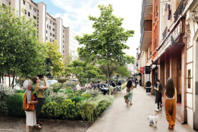 Image d'architecte du projet de rénovation de la rue Gabriel Péri avec des arbres plantées le long de la rue. - Agrandir l'image, fenêtre modale