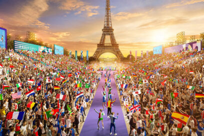 Dessin d'une piste des JO sous la Tour Eiffel avec un public brandissant des drapeaux. - Agrandir l'image, fenêtre modale