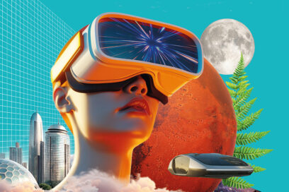 Visuel de l'affiche de la Science se livre. Une dame avec un masque de réalité virtuelle. - Agrandir l'image, fenêtre modale